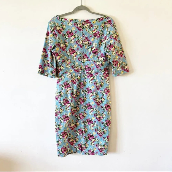 Lindy Bop Blue Floral Retro Style Pencil Dress Cottage Rose VLV Pinup Size Large - Picture 2 of 9